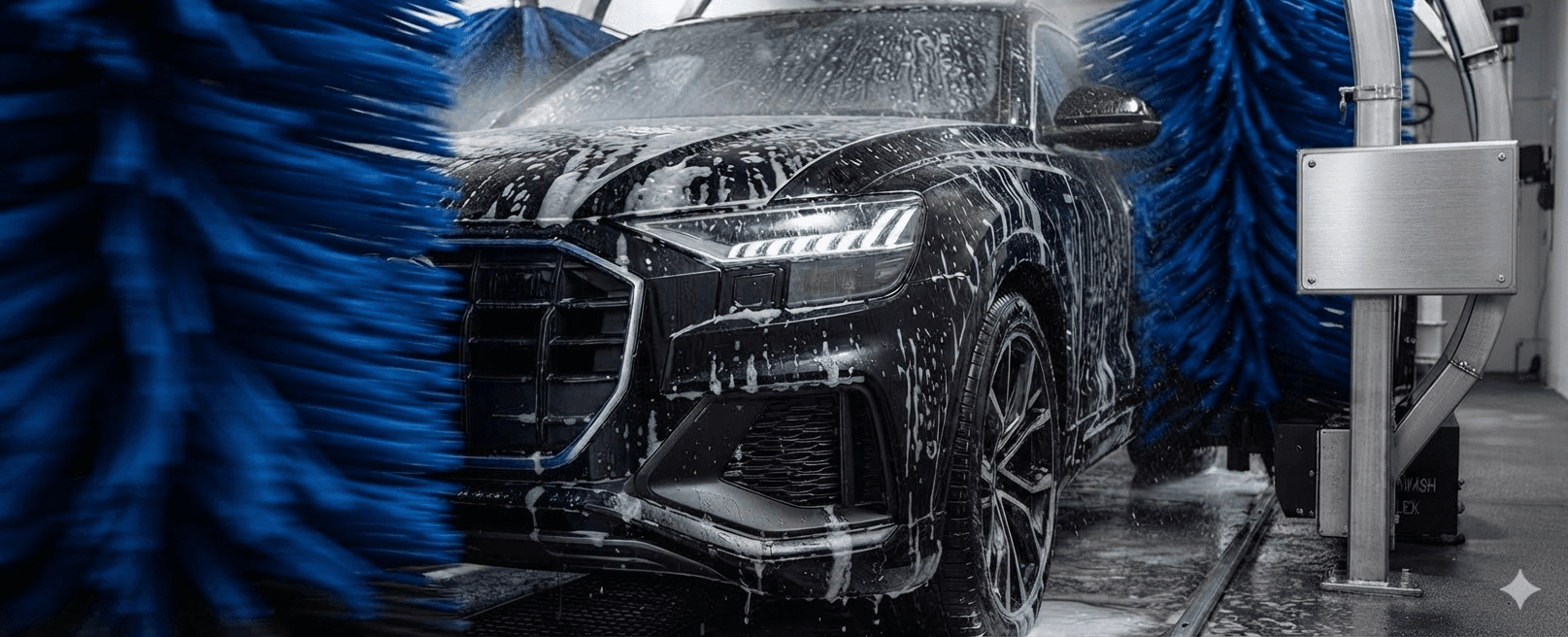 Free Ceramic Exterior Wash in Lexington, KY — a black SUV being ceramic-sealed inside the soft-touch tunnel at Jeff's Car Wash on Nicholasville Road